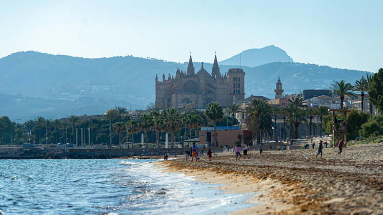 20200426 Children go out of the Home in Mallorca during Corona Lock down PALMA DE MALLORCA, SPAIN APRIL 26 2020 Palma Beach view to the Cathedral with families enjoying sun on the beach at Children go out of the Home in Mallorca during Corona Lock down on April 26, 2020 in Palma de Mallorca, Palma de Mallorca Baleares Spain