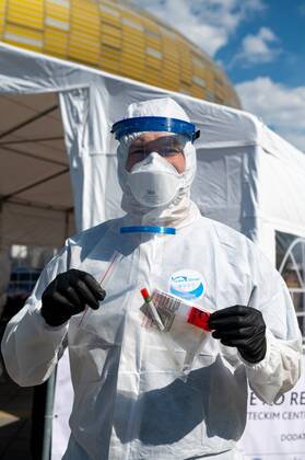 Drive & Go-Thru mobile tent for testing for the coronavirus at the Energa Arena in Gdansk Drive & Go-Thru mobile tent for testing for the coronavirus at the Energa Arena on April 27, 2020 in Gdansk, Poland EN_01426457_0028