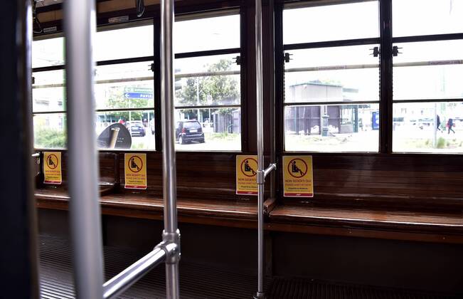 Milan, Coronavirus new signage for phase 2, respecting the sea distances inside the trams that in the stops, Advertising on Trams, public transport Atm (Duilio Piaggesi Fotogramma, Milan - 2020-04-28) p.s. la foto e utilizzabile nel rispetto del contesto in cui e stata scattata, e senza intento diffamatorio del decoro delle persone rappresentate Copyright: xDuilioxPiaggesix xFOTOGRAMMAx