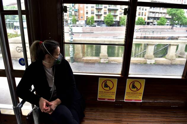 Milan, Coronavirus new signage for phase 2, respecting the sea distances inside the trams that in the stops, Advertising on Trams, public transport Atm (Duilio Piaggesi Fotogramma, Milan - 2020-04-28) p.s. la foto e utilizzabile nel rispetto del contesto in cui e stata scattata, e senza intento diffamatorio del decoro delle persone rappresentate Copyright: xDuilioxPiaggesix xFOTOGRAMMAx