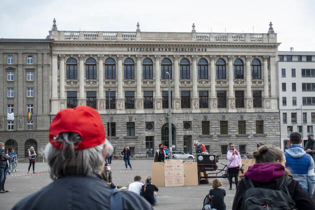 In Leipzig the constitution was painted with chalk on the floor in front of the Leipzig City Library while at a demonstration an open microphone was used for a corona debate for all there was Wilhelm Leuschner Platz Centre Saxony Germany