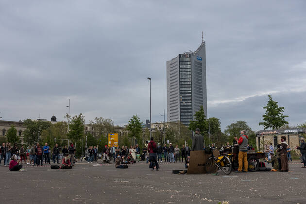 In Leipzig the constitution was painted with chalk on the floor in front of the Leipzig City Library while at a demonstration an open microphone was used for a corona debate for all there was Wilhelm Leuschner Platz Centre Saxony Germany