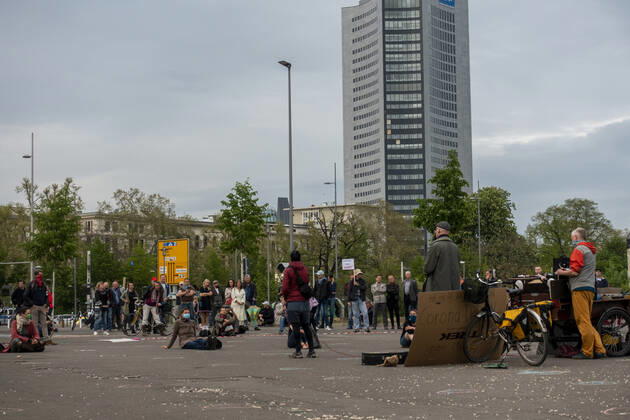 In Leipzig the constitution was painted with chalk on the floor in front of the Leipzig City Library while at a demonstration an open microphone was used for a corona debate for all there was Wilhelm Leuschner Platz Centre Saxony Germany