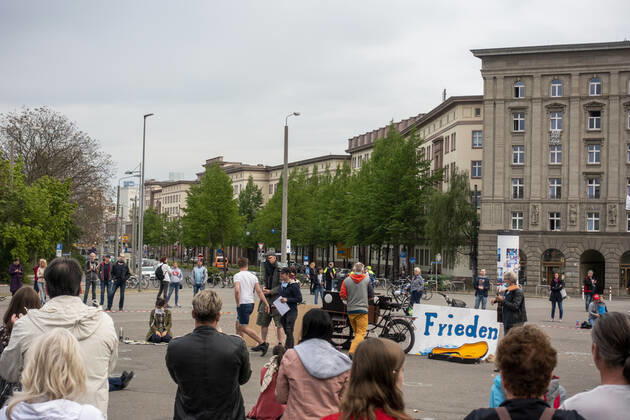 In Leipzig the constitution was painted with chalk on the floor in front of the Leipzig City Library while at a demonstration an open microphone was used for a corona debate for all there was Wilhelm Leuschner Platz Centre Saxony Germany