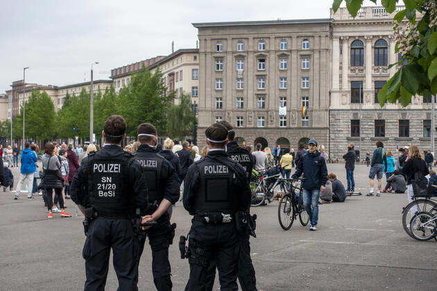 In Leipzig the constitution was painted with chalk on the floor in front of the Leipzig City Library while at a demonstration an open microphone was used for a corona debate for all there was Wilhelm Leuschner Platz Centre Saxony Germany