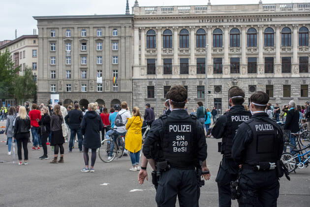 In Leipzig the constitution was painted with chalk on the floor in front of the Leipzig City Library while at a demonstration an open microphone was used for a corona debate for all there was Wilhelm Leuschner Platz Centre Saxony Germany
