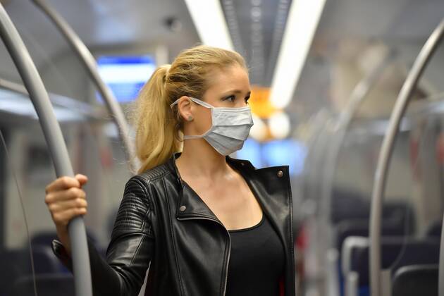 Woman with face mask, standing in S Bahn, Corona crisis, Stuttgart, Baden Württemberg, Germany, Europe Copyright: imageBROKER/MichaelxWeber iblimw05764808