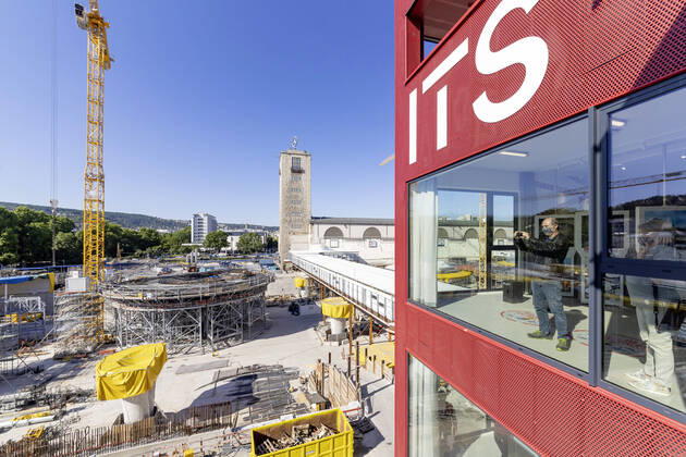 Germany, Baden Württemberg, Stuttgart, 29 05 2020 Info Turm Stuttgart ITS opened The new exhibition building at the main station provides information on Stuttgart 21 and other future projects of the city The terrace at a height of 26 metres offers a view of the station construction site The building is supported by the Verein Bahnprojekt Stuttgart Ulm e V