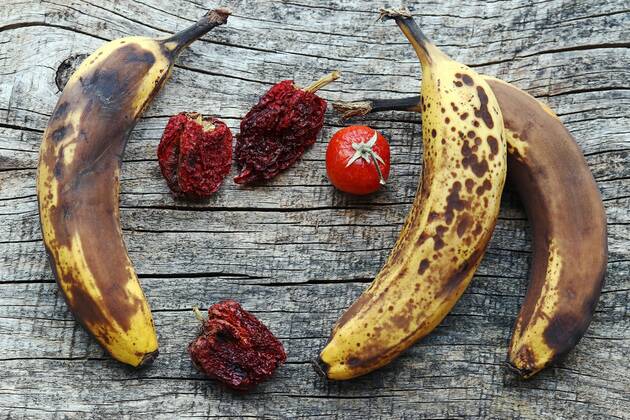  Old brown bananas and dried peppers and tomatoes. Old fruit and vegetables Copyright: xAstrid08x Panthermedia26833271