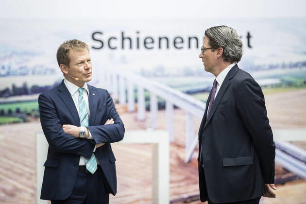 Andreas Scheuer R , Federal Minister for Transport and Digital Infrastructure, and Richard Lutz L , Chairman of the Board of Management of Deutsche Bahn, recorded during the presentation and signing of the Rail Pact in Berlin, 30 06 2020 Berlin Germany Copyright: xFlorianxGaertner photothek.netx