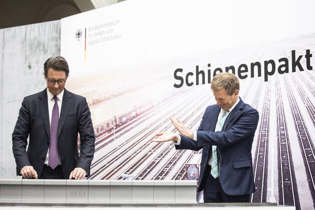 Andreas Scheuer L , Federal Minister for Transport and Digital Infrastructure, and Richard Lutz R , Chairman of the Board of Management of Deutsche Bahn, recorded during the presentation and signing of the Rail Pact in Berlin, 30 06 2020 Berlin Germany Copyright: xFlorianxGaertner photothek.netx