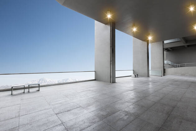 empty brick floor with white snow mountains  379602223430107151