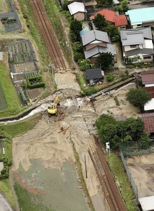 Torrential rain in central Japan Photo taken from a Kyodo News helicopter on July 8, 2020, shows a mud-covered railroad in Gero in Gifu Prefecture, central Japan, following torrential rain.