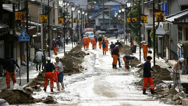 Torrential rain in central Japan Photo taken on July 8, 2020, shows a damaged street in Gero, Gifu Prefecture, central Japan, after flooding caused by torrential rain.