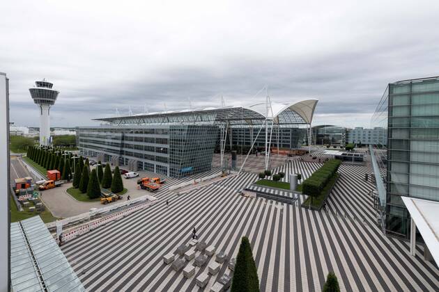Effects Corona Munich Airport In picture View of the tower and the MABC Munich Airport Business Center Rain clouds cloudy grey clouds Munich Airport Munich Bayer Germany Copyright: Passion2Press MarkusxFischerx