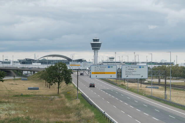 Impact Corona Munich Airport In the picture Motorway feeder tower Terminal 1 Terminal 2 Munich Airport signs Bayer Germany Copyright: Passion2Press MarkusxFischerx