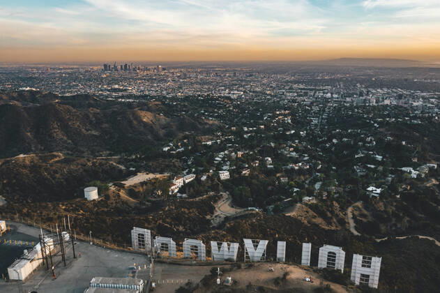 Circa November 2019: Spectacular view over Hollywood Sign looking over Los Angeles, California in Sunset light United States, California, Los Angeles CR_TWNGSV200702A-437634-01 EDITORIAL USE ONLY