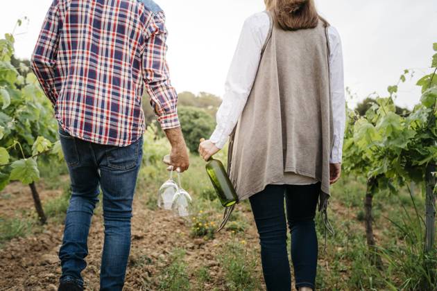 IMAGO Creative, Sommer, Weinfeste und Weinwanderungen Couple holding wineglasses and wine bottle while walking at vineyard model released Symbolfoto JRFF04478
