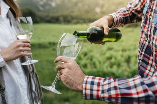 IMAGO Creative, Sommer, Weinfeste und Weinwanderungen Man serving white wine in glass while standing with woman at vineyard model released Symbolfoto JRFF04491