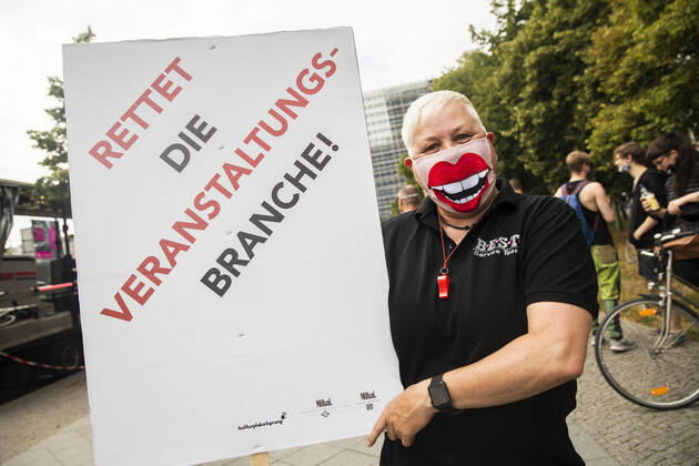 People take part in a protest for the event industry in Berlin on 24 July 2020 Operators of the industry lament almost 6 months of unemployment and lack of revenue due to measures to limit the spread of Coronavirus 3 Demonstration of the event industry in Berlin