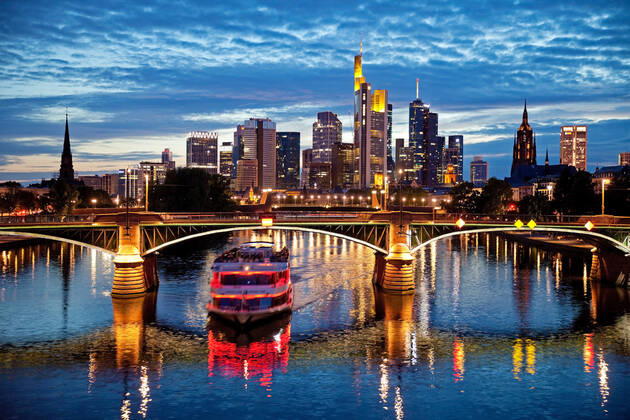 City view in the evening with the Main and financial district , Germany, Hesse, Frankfurt am Main cityscape in the evening with the Main and financial district , Germany, Hesse, Frankfurt am Main BLWS624332 Copyright: xblickwinkel S.xZiesex
