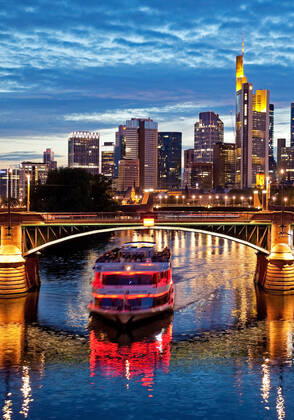 City view in the evening with the Main and financial district, Germany, Hesse, Frankfurt am Main cityscape in the evening with the Main and financial district , Germany, Hesse, Frankfurt am Main BLWS624334 Copyright: xblickwinkel S.xZiesex