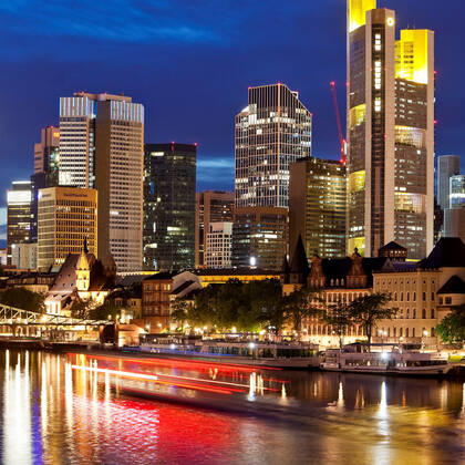 City view in the evening with the Main and financial district, Germany, Hesse, Frankfurt am Main cityscape in the evening with the Main and financial district , Germany, Hesse, Frankfurt am Main BLWS624336 Copyright: xblickwinkel S.xZiesex