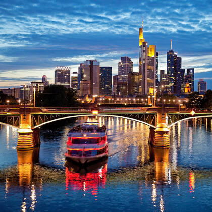 City view in the evening with the Main and financial district, Germany, Hesse, Frankfurt am Main cityscape in the evening with the Main and financial district , Germany, Hesse, Frankfurt am Main BLWS624333 Copyright: xblickwinkel S.xZiesex