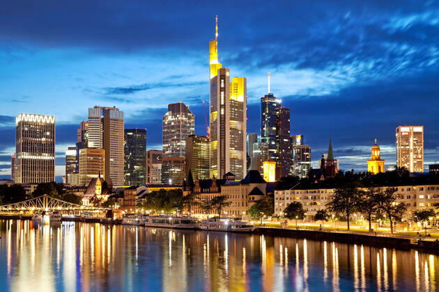 City view in the evening with the Main and financial district, Germany, Hesse, Frankfurt am Main cityscape in the evening with the Main and financial district , Germany, Hesse, Frankfurt am Main BLWS624338 Copyright: xblickwinkel S.xZiesex