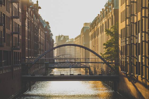 Germany, Hamburg, Bridge over canal in Speicherstadt district IHF00366