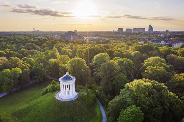 Germany, Bavaria, Munich, Aerial view of Monopteros in English Garden at sunset SIEF10002