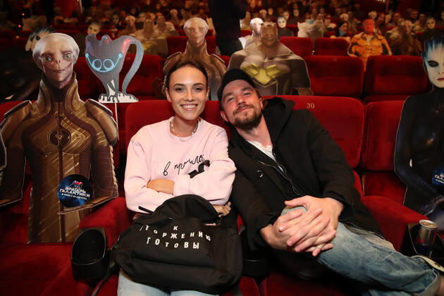 MOSCOW, RUSSIA - AUGUST 25, 2020: Actress Stasya Miloslavskaya (L) and actor Alexander Petrov attend the Moscow premiere of Dzhanik Fayziyev s fantasy film Cosmoball at the Karo 11 Oktyabr Cinema. Vyacheslav Prokofyev TASS  TS0E4ABF