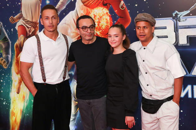 MOSCOW, RUSSIA - AUGUST 25, 2020: Actor Stanislav Rogachev, film director and producer Dzhanik Fayziyev, actress Yelizaveta Taichenacheva and actor Ivan Ivanovich (L-R) attend the Moscow premiere of Dzhanik Fayziyev s fantasy film Cosmoball at the Karo 11 Oktyabr Cinema. Vyacheslav Prokofyev TASS  TS0E4AC9