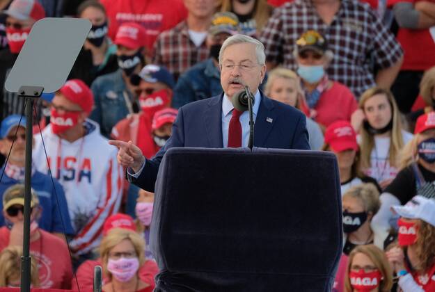 October 14, 2020, Des Moines, Iowa, U.S: Former Iowa Governor and former US Ambassador to China TERRY BRANSTAD speaks to a crowd gathered for a campaign rally for US president Donald Trump on October 14, 2020. Brandstad resigned from his ambassadorship to return to Iowa to campaign for the presidentÃ¢â‚¬â ¢s reelection. The Ã¢â‚¬oeMake American Great AgainÃ¢â‚¬Â?rally is TrumpÃ¢â‚¬â ¢s third campaign appearance since the president was released from Walter Reed Hospital where he was being treated for COVID-19. TodayÃ¢â‚¬â ¢s rally takes place 13 days after Trump announced he tested positive for the virus on October 1, 2020. Des Moines U.S. - ZUMAn292 20201014_znp_n292_006 Copyright: xFritzxNordengrenx