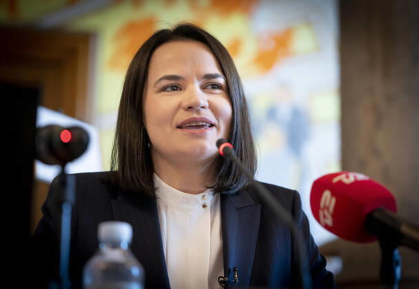 Press conference with Belarusian opposition politician Svetlana Tikhanovskaja at Christiansborg, Thursday 22 October 2020 Svetlana Tikhanovskaja is on a two-day visit to Denmark to receive the Politics Freedom Prize, Copenhagen Denmark  Copyright: Ritzau Scanpix LiselottexSabroex COP102 spdk20201022-142958-L