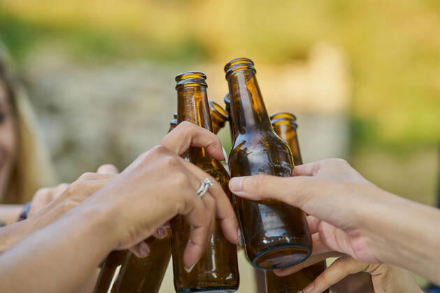 IMAGO Creative, Jahreszeit Sommer, Sommerferien Close-up of group of friends toasting with beer Elcarte, Navarra, Spain CR_SEBO201027B-529212-01 ,model released, Symbolfoto