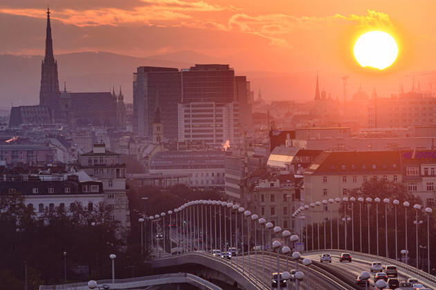 Vienna city center, river Donau (Danube), bridge Reichsbrücke, cathedral Stephansdom, sunset Wien, Vienna Wien Austria 00. overview