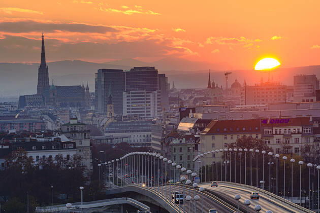 Vienna city center, river Donau (Danube), bridge Reichsbrücke, cathedral Stephansdom, sunset Wien, Vienna Wien Austria 00. overview
