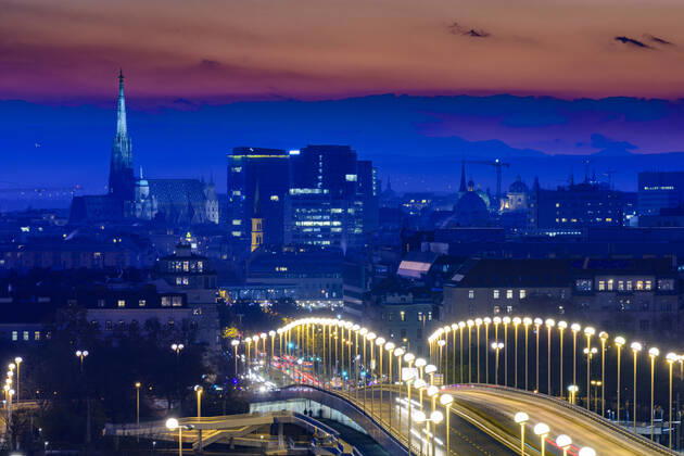 Vienna city center, river Donau (Danube), bridge Reichsbrücke, cathedral Stephansdom, sunset Wien, Vienna Wien Austria 00. overview