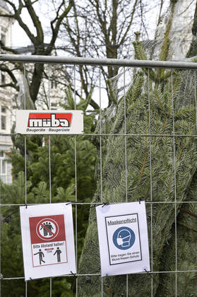 DEUTSCHLAND, Hamburg Ottensen, Corona Pandemie, Verkauf von Weihnachtsbäumen mit AHA Regeln Hamburg Deutschland