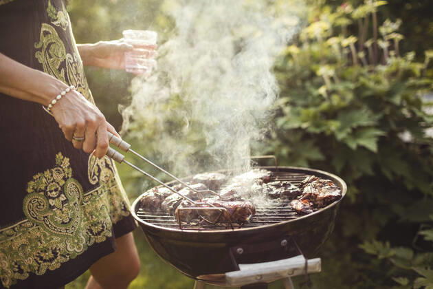 Midsection of woman grilling meat on barbecue in back yard , model released, property released Copyright: xMaskotx , MA53466