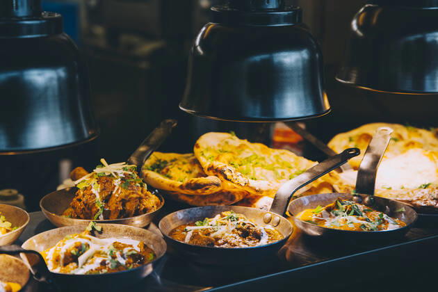 High angle view of Indian food served on concession stand of commercial land vehicle Sweden, Stockholm, property released Copyright: xMaskotx , MA81601