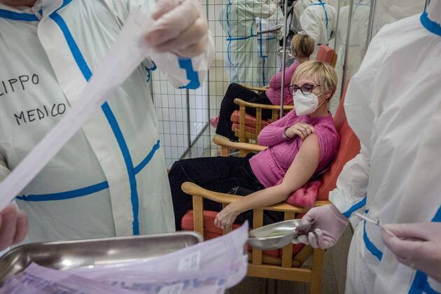 Milan. First doses of Pfizer Biontech anti COVID19 vaccine, administered to the first elderly people subject to greater risks and medical staff at PAT Pio Albergo Trivulzio Editorial Usage Only  Copyright: xCarloxCozzolix xIPAx