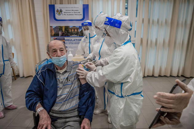Milan. First doses of Pfizer Biontech anti COVID19 vaccine, administered to the first elderly people subject to greater risks and medical staff at PAT Pio Albergo Trivulzio Editorial Usage Only  Copyright: xCarloxCozzolix xIPAx