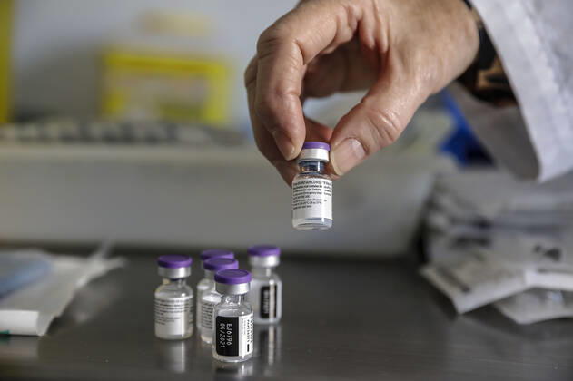 Several vials of the vaccine during the first day of vaccination against Covid-19 in Spain, at the Virgen del Milagro retirement home in Rafelbunyol, Valencia, Spain, on 27 December 2020. The first doses of the vaccine developed by Pfizer and BioNtech laboratories arrived in Spain yesterday, December 26, at a Pfizer warehouse in Guadalajara by land from Puurs (Belgium). Starting Monday, weekly deliveries will be made to the autonomous communities with an average of 350,000 doses prioritized for four population groups: residents and health and social-health personnel in homes for the elderly and disabled; front-line health personnel; other health and social-health personnel and large non-institutionalized dependents. 27 DECEMBER 2020 Rober S Copyright: xRoberxSolsonax 3494938