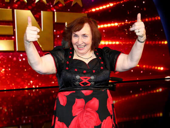 Cologne, Germany 07 December 2013 TV Show Das Supertalent 2013 2 semifinal finalist Heidi Schimiczek 61 , organist and choir director from Beverungen, talent singer singer emotion, joy, cheer, gesture gestures thumbs up Coloneum North Rhine Westphalia Copyright: xFotostandx xHeisterkampx