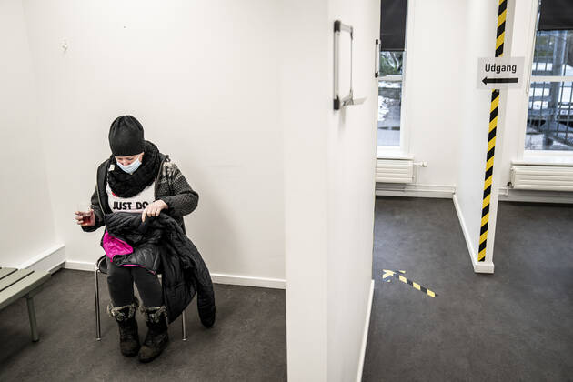 Jeanett Andersen is waiting 15 minutes after being vaccinated in the new Covid 19 vaccination center which has opened at Slagelse Hospital, Thursday 7 January 2021, Slagelse Denmark  Copyright: RitzauxScanpix MadsxClausxRasmussenx cop103 spdk20210107-153829-L