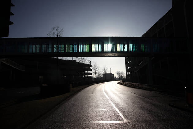 The footbridge over Bourges Boulevard linking Queensgate shopping centre towards the railway station on the first weekend of Lockdown Three , in Peterborough, Cambridgeshire. Again, people are not allowed to leave home except for minimal food shopping, medical treatment, exercise - once a day, and essential work.