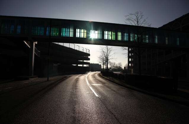 The footbridge over Bourges Boulevard linking Queensgate shopping centre towards the railway station on the first weekend of Lockdown Three , in Peterborough, Cambridgeshire. Again, people are not allowed to leave home except for minimal food shopping, medical treatment, exercise - once a day, and essential work.