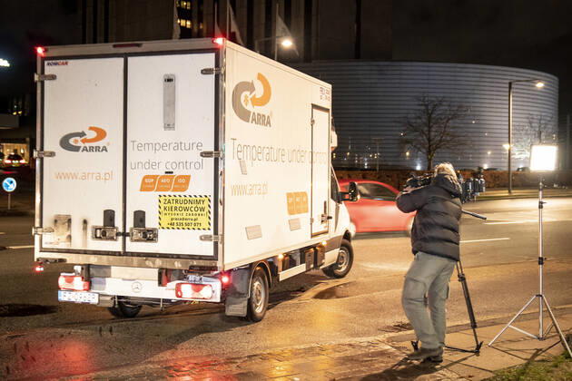 Polish refrigerated truck leaves the Statens Serum Institut after delivering Moderna covid 19 vaccines to SSI in Copenhagen, Tuesday 12 January 2021 There will be 5000 doses that will be used in the Region of Southern Denmark, Copenhagen Denmark  Copyright: RitzauxScanpix MadsxClausxRasmussenx cop104 spdk20210112-083958-L